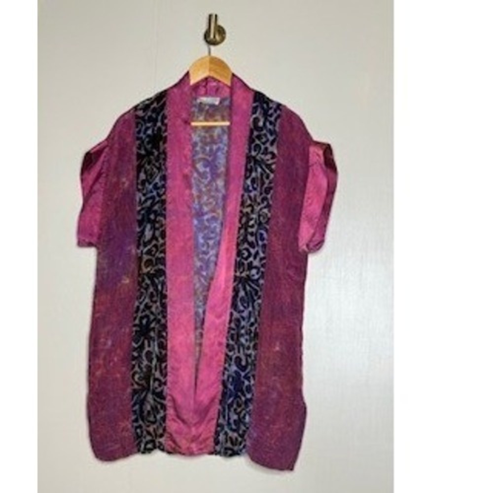 Sandra Holzman Handmade Silk Burnout Velvet Kimono Robe Magenta Purple